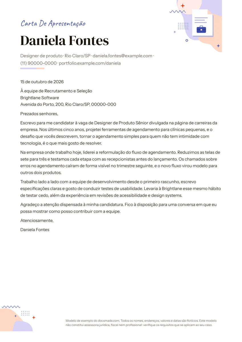 Modelo de carta de apresentação no Google Docs, primeira página