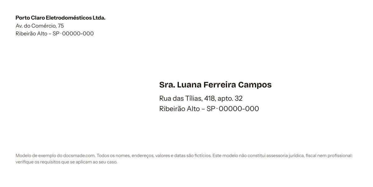 Modelo de envelope de carta DL no Google Docs com remetente e destinatário