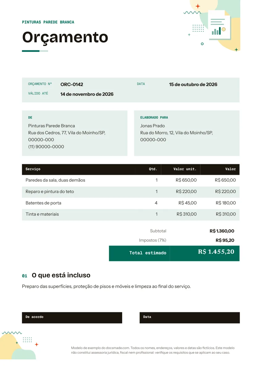 Modelo de orçamento no Google Docs, primeira página