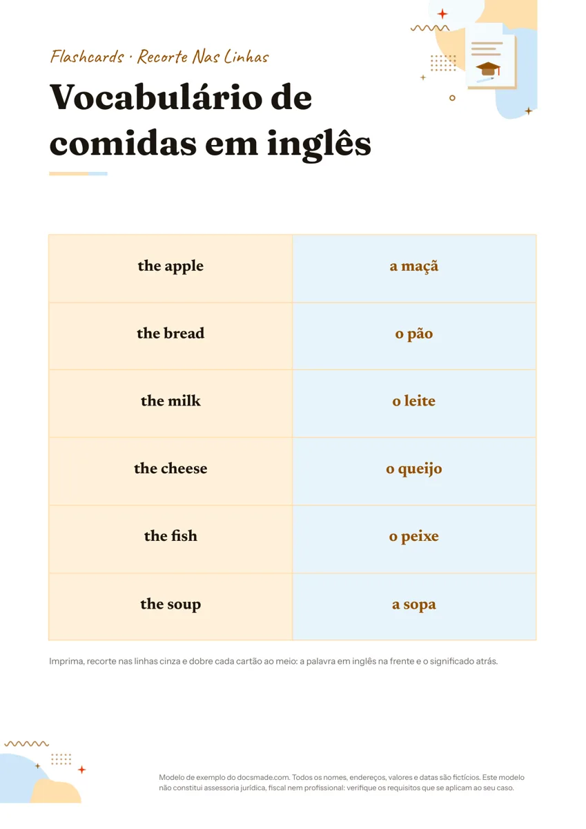 Modelo de flashcards para imprimir no Google Docs, primeira página