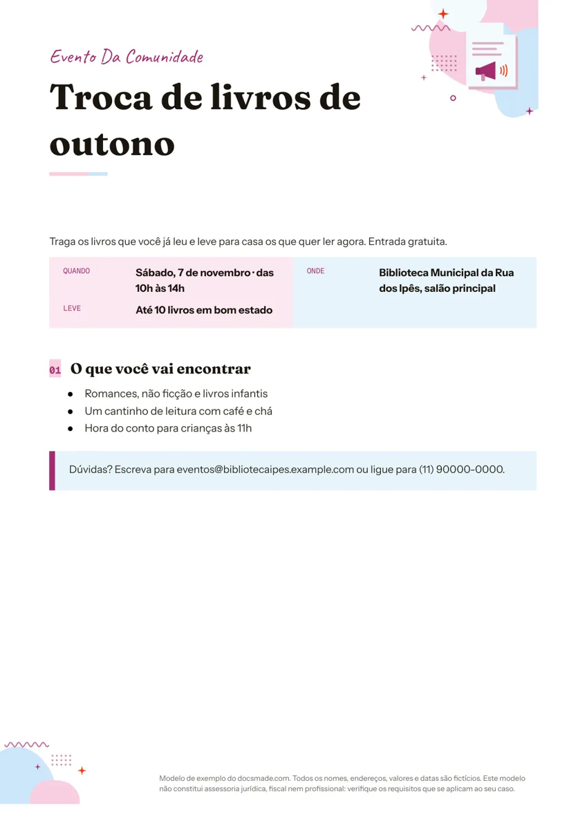 Modelo de flyer no Google Docs, primeira página