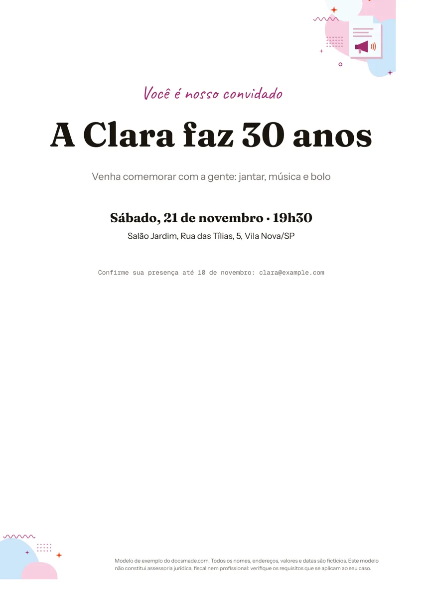 Modelo de convite no Google Docs, primeira página
