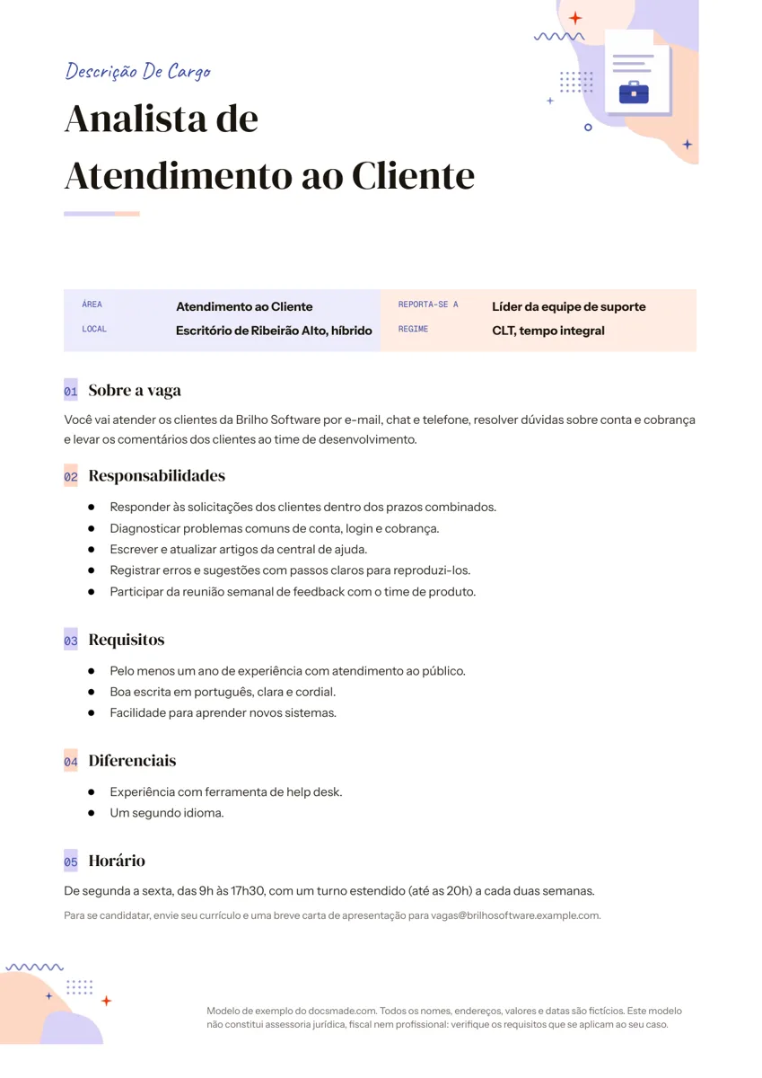 Modelo de descrição de cargo no Google Docs com exemplo de analista de atendimento