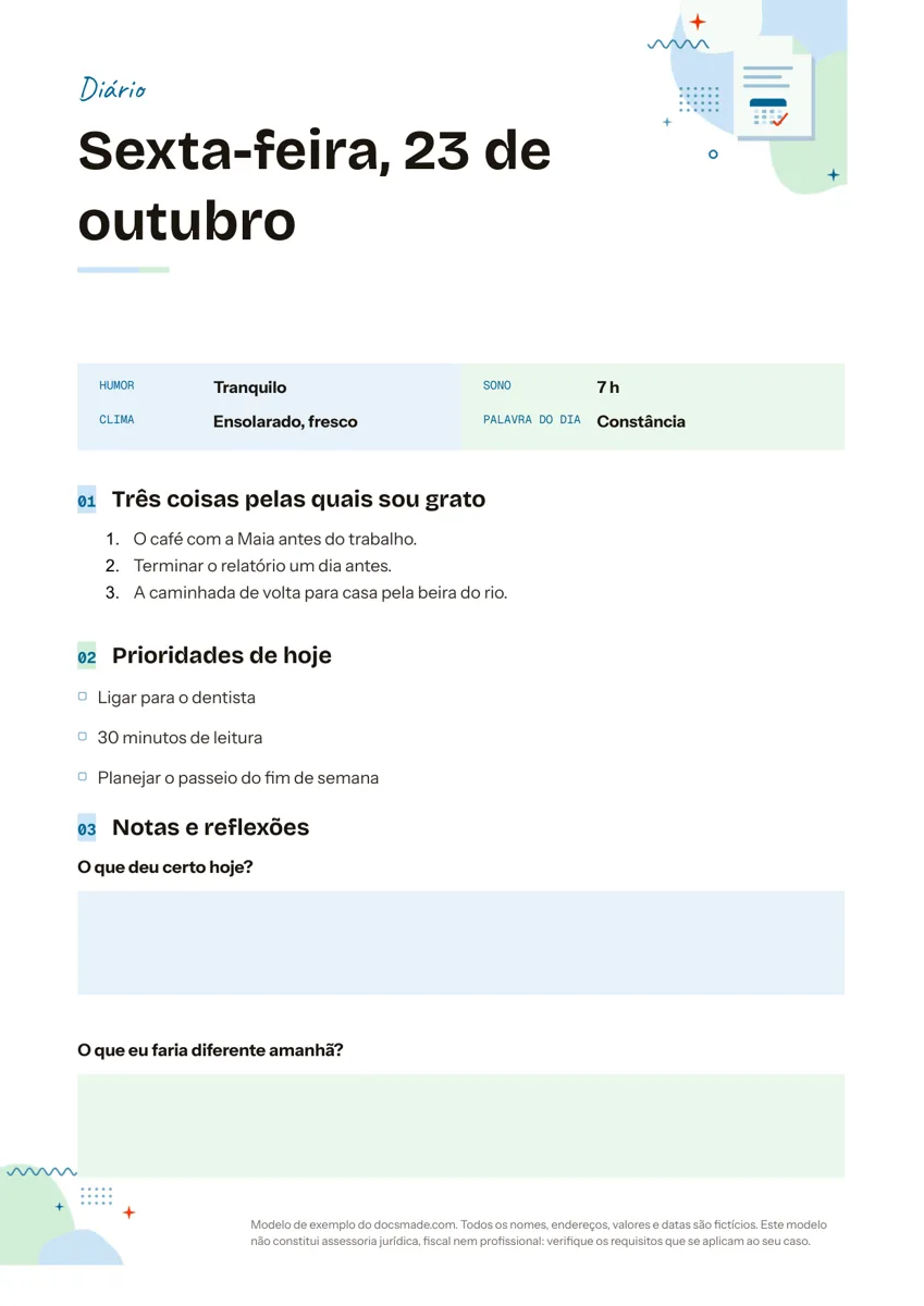 Modelo de diário pessoal no Google Docs com gratidão, prioridades e reflexões