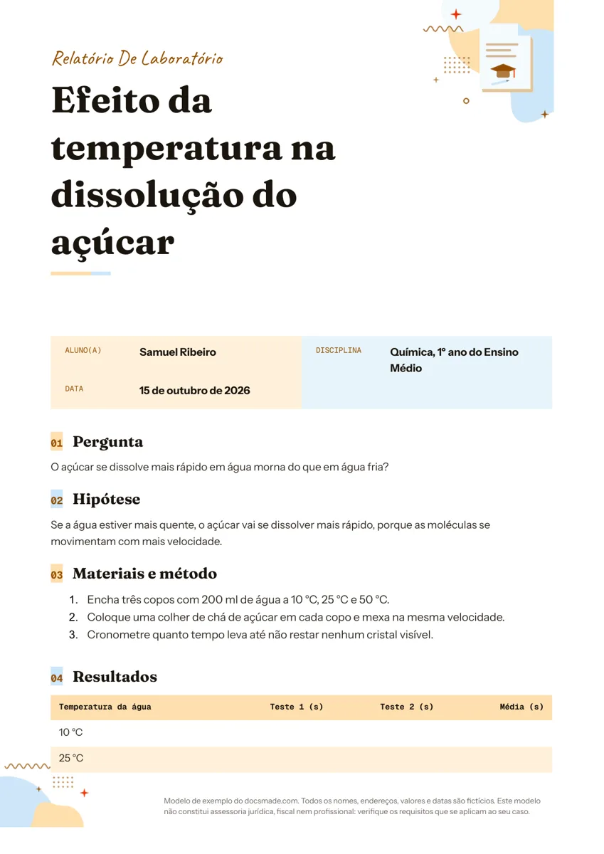 Modelo de relatório de aula prática no Google Docs, primeira página