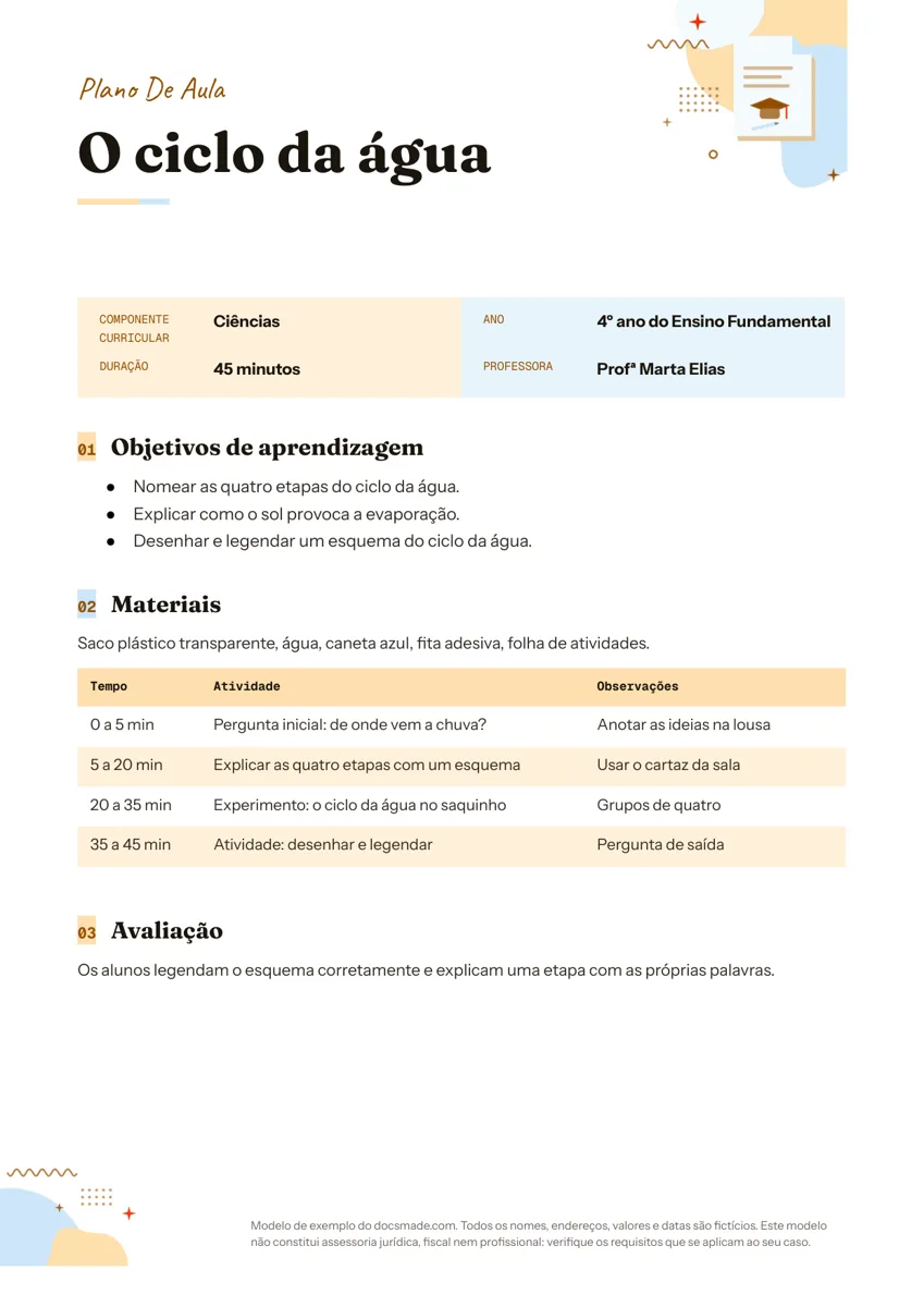 Modelo de plano de aula no Google Docs com objetivos e tabela de atividades