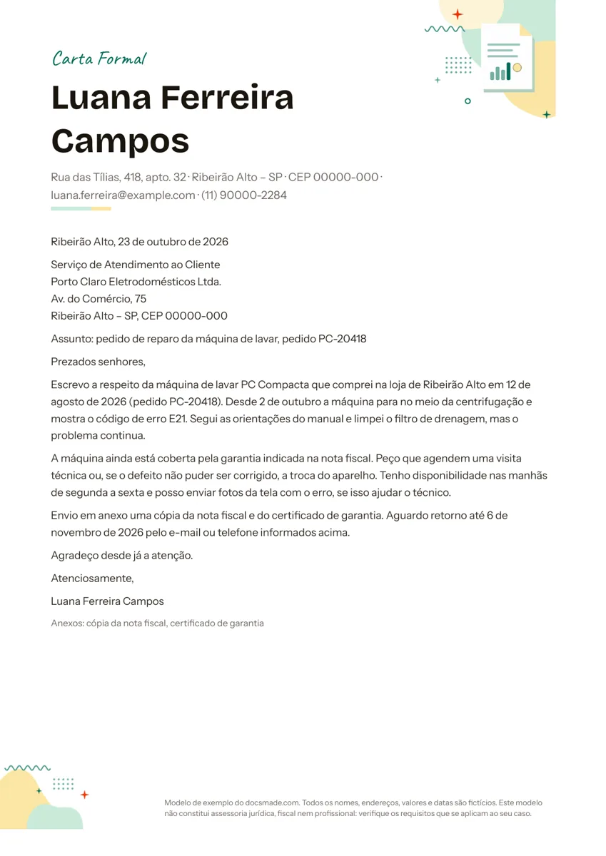 Modelo de carta formal no Google Docs com remetente, assunto e pedido de reparo