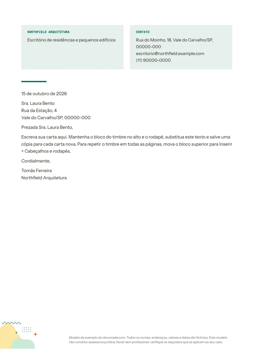 Modelo de papel timbrado de empresa no Google Docs com bloco de contato e carta