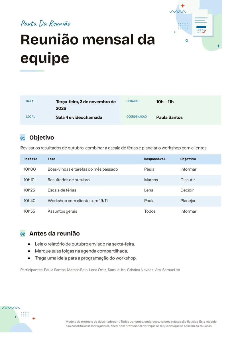Modelo de pauta de reunião no Google Docs com tabela de horários, temas e responsáveis