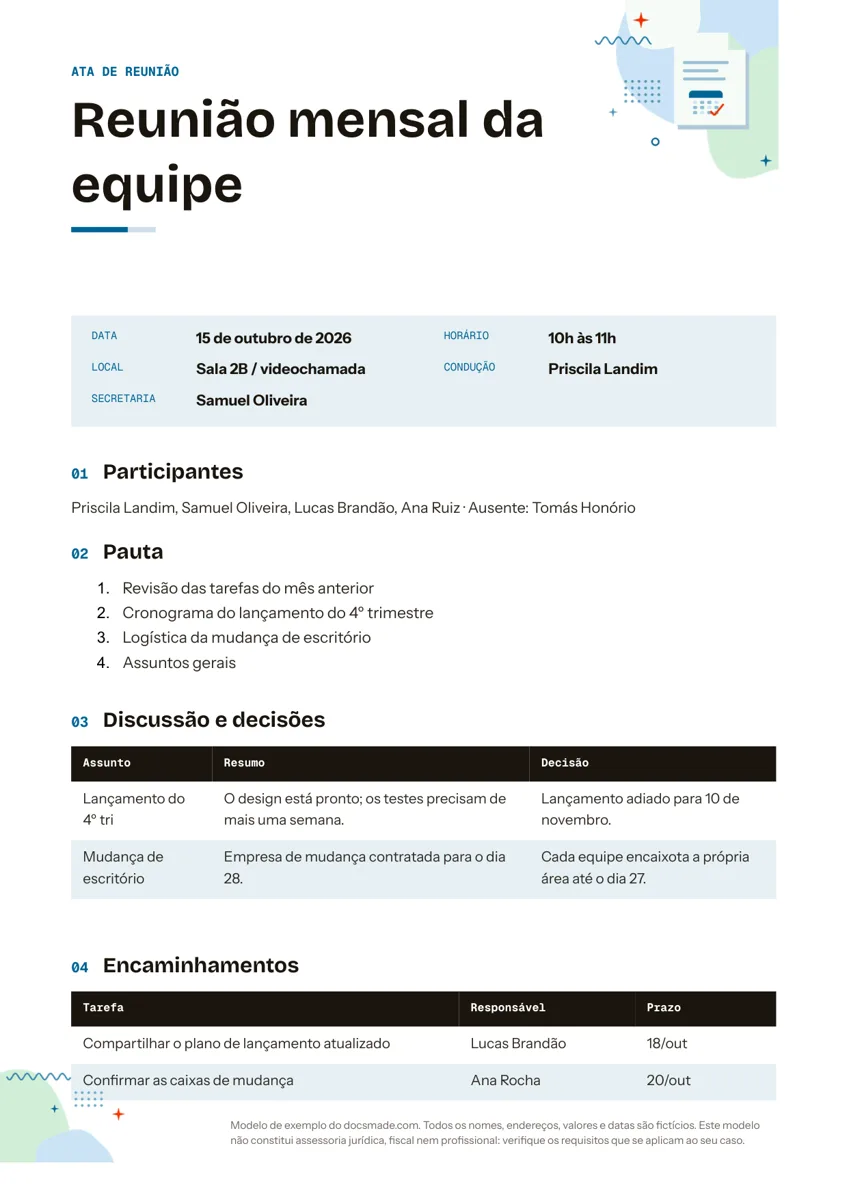 Modelo de ata de reunião no Google Docs com pauta e tabela de encaminhamentos