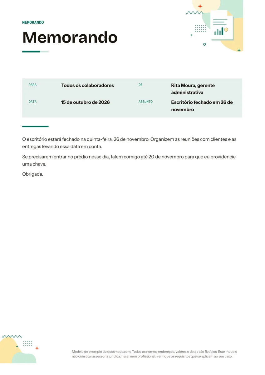 Modelo de memorando interno no Google Docs com campos Para, De, Data e Assunto