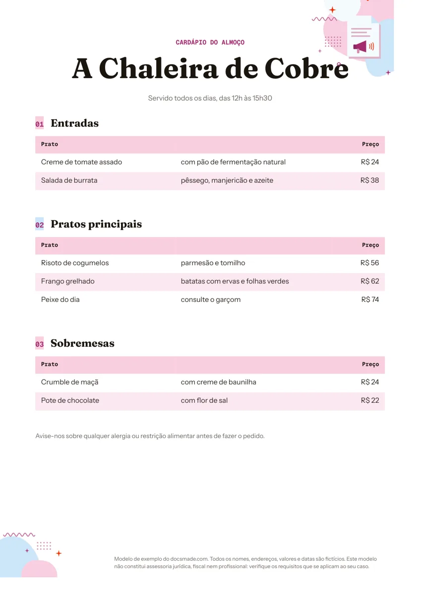 Modelo de cardápio de restaurante no Google Docs com entradas, pratos principais e sobremesas