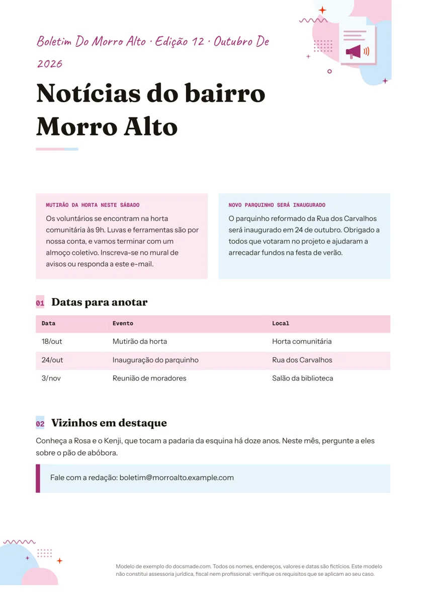 Modelo de boletim informativo no Google Docs com duas notícias e tabela de datas