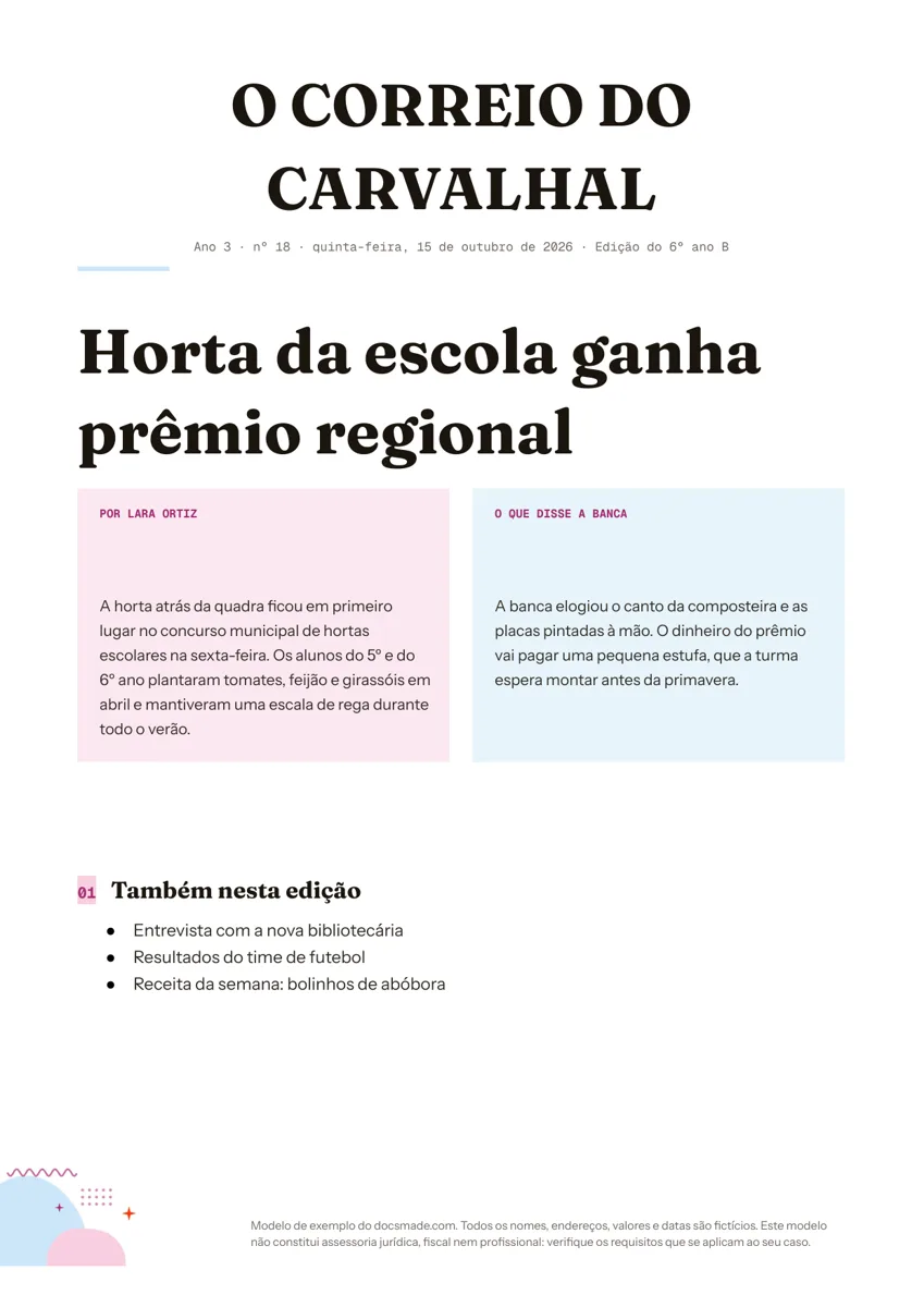 Modelo de jornal escolar no Google Docs com manchete e matéria em duas colunas