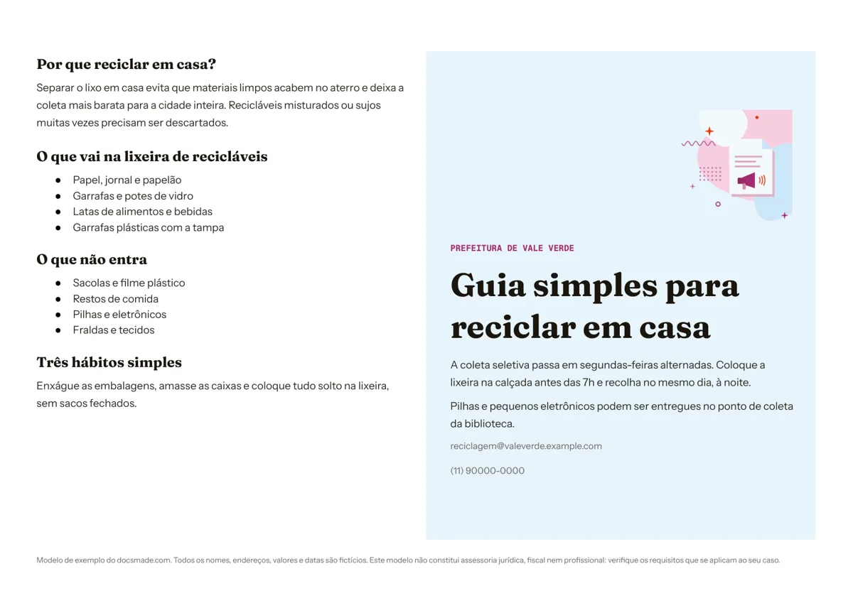 Modelo de panfleto informativo no Google Docs com capa e orientações em duas metades