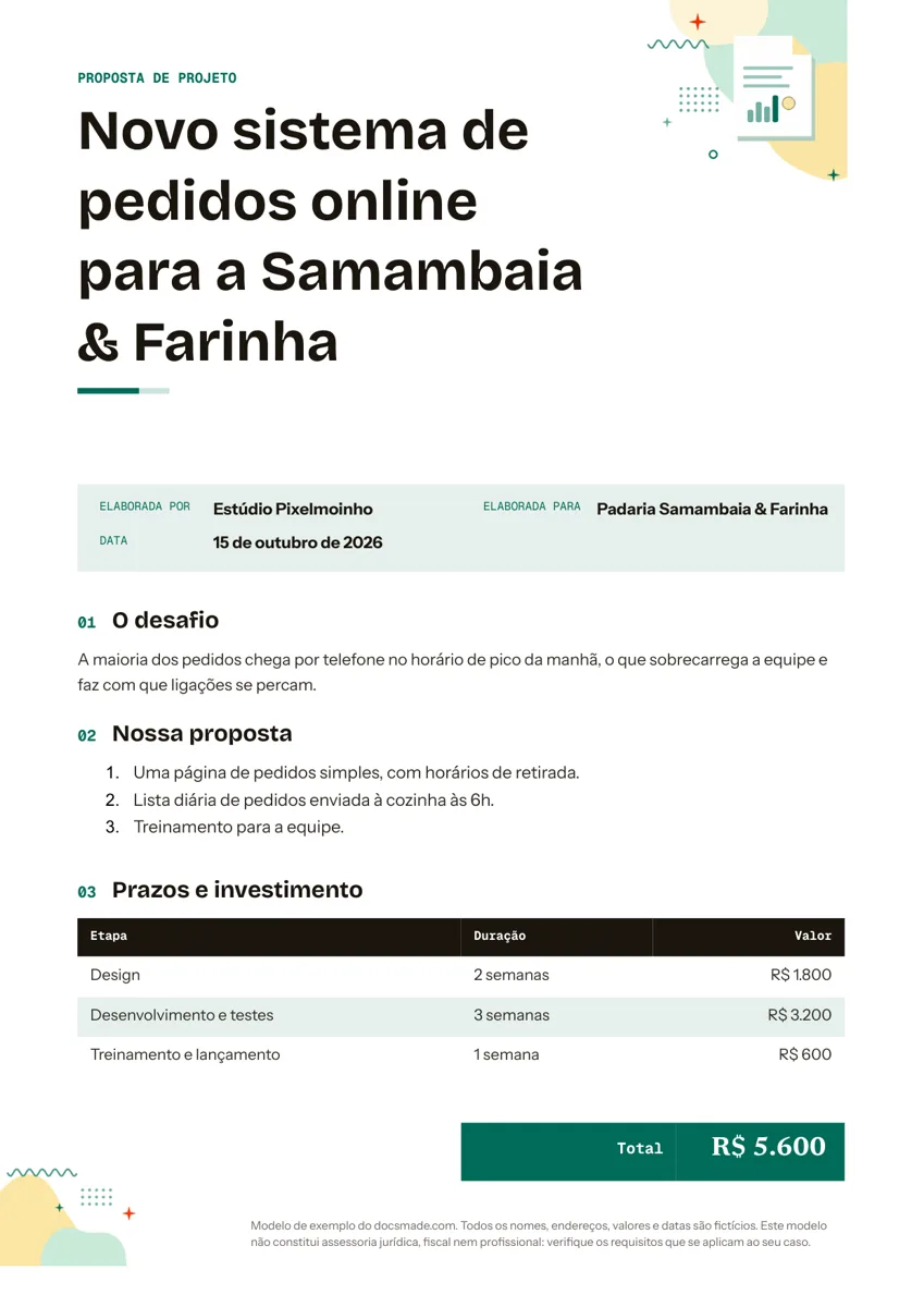 Modelo de proposta comercial no Google Docs com tabela de prazos e investimento