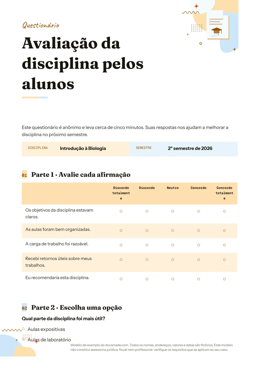 Modelo de questionário no Google Docs com escala de avaliação e perguntas abertas
