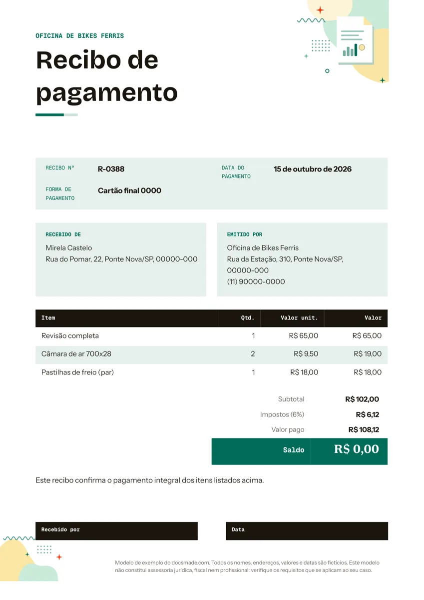 Modelo de recibo de pagamento no Google Docs com tabela de itens e total pago