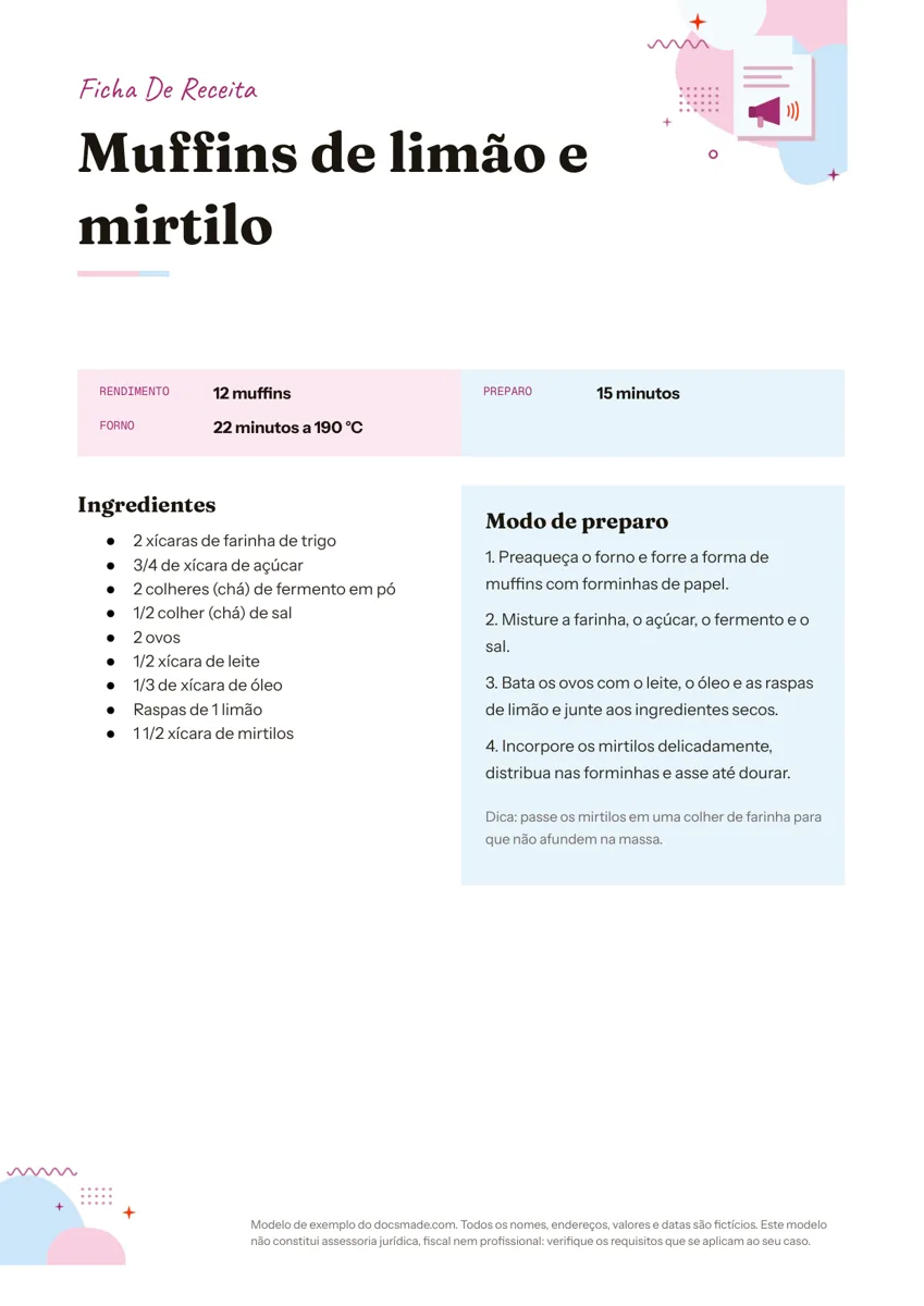 Ficha de receita no Google Docs com ingredientes e modo de preparo em duas colunas