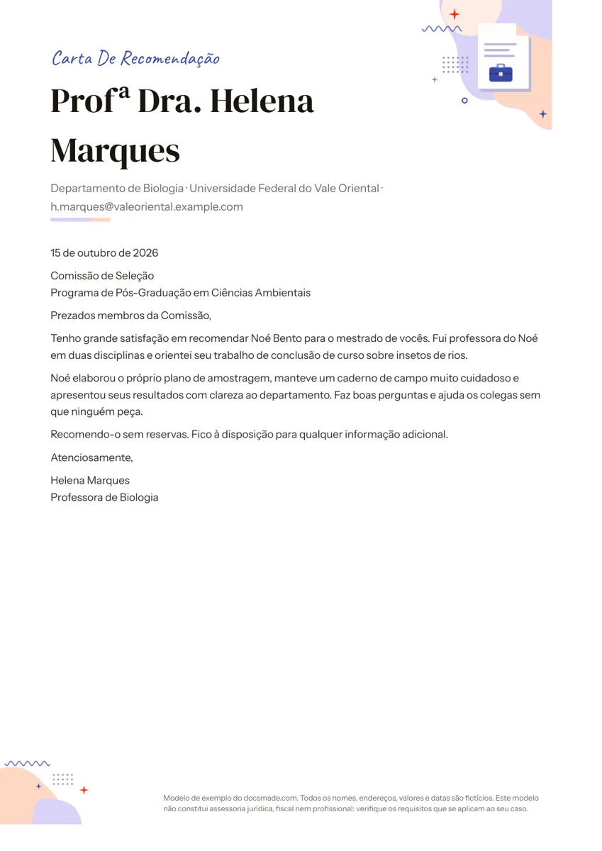 Modelo de carta de recomendação no Google Docs escrita por uma professora universitária