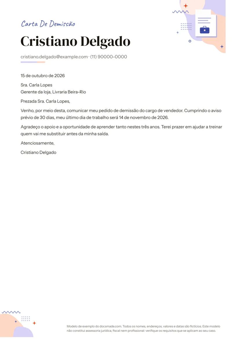 Modelo de carta de demissão no Google Docs com pedido de demissão e aviso prévio