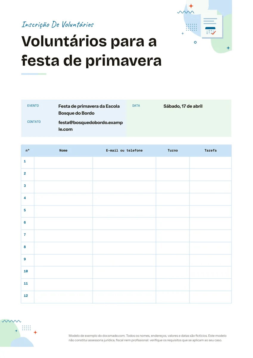 Modelo de lista de inscrição de voluntários no Google Docs com tabela numerada