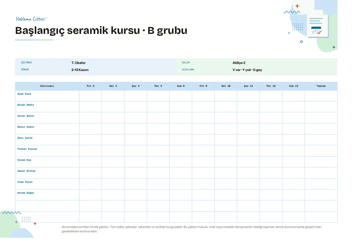 Google Dokümanlar'da bir seramik kursu için yatay A4 yoklama listesi
