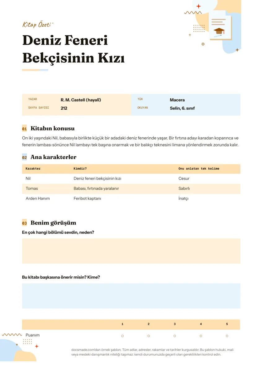Google Dokümanlar'da 6. sınıf öğrencisinin doldurduğu kitap özeti formu