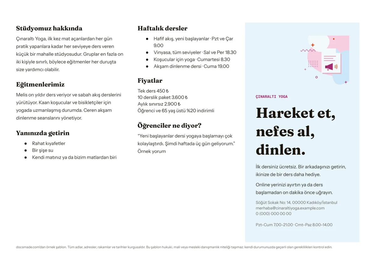 Google Dokümanlar üç kırımlı broşür örneği, ilk sayfa
