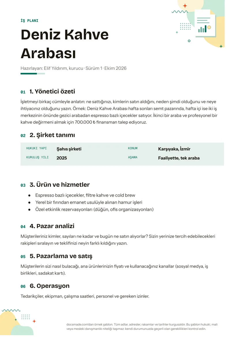 Google Dokümanlar iş planı örneği, ilk sayfa