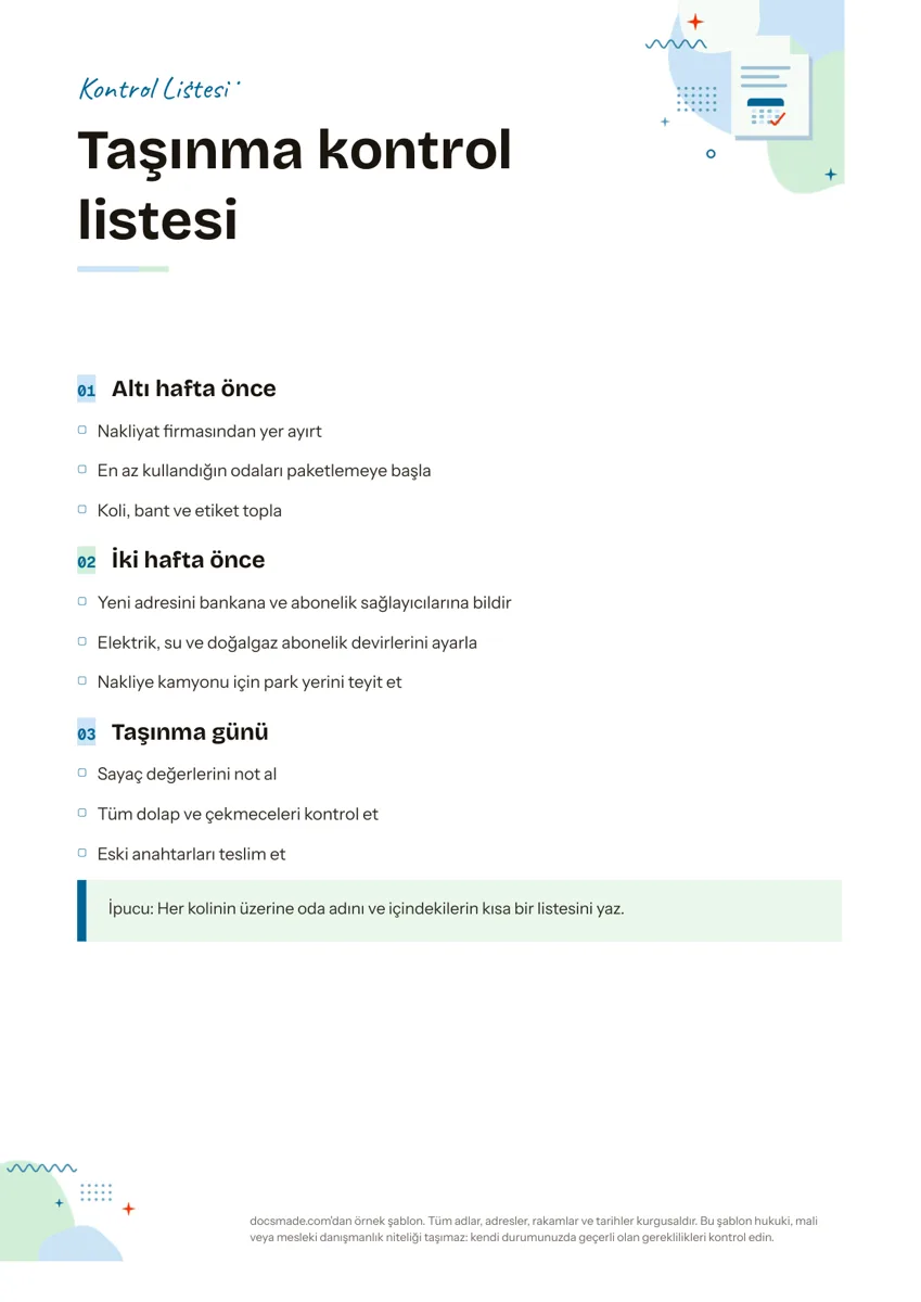 Google Dokümanlar kontrol listesi örneği, ilk sayfa