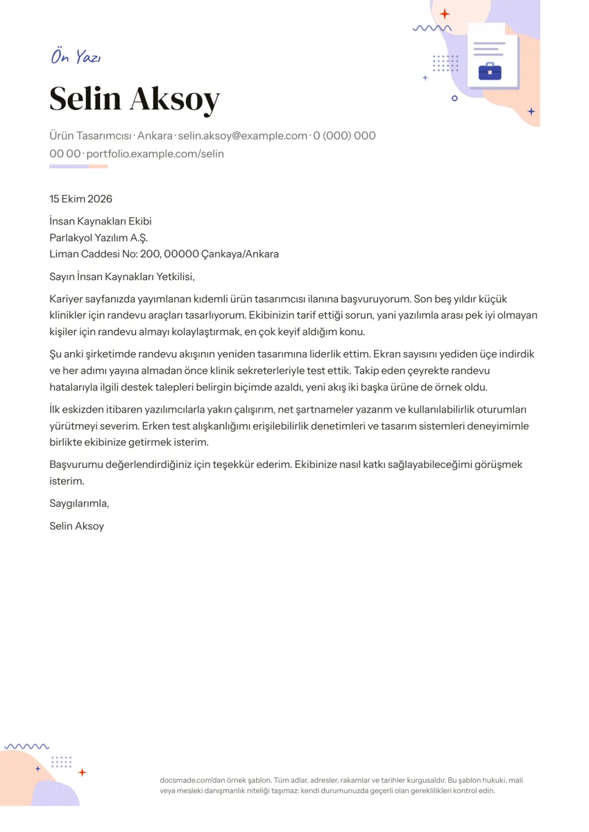 Google Dokümanlar ön yazı örneği, ilk sayfa
