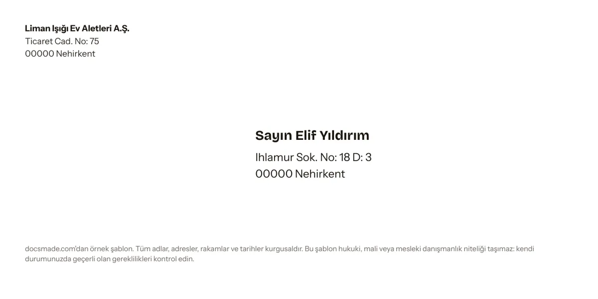Google Dokümanlar'da gönderen ve alıcı adresi yazılmış diplomat boy mektup zarfı