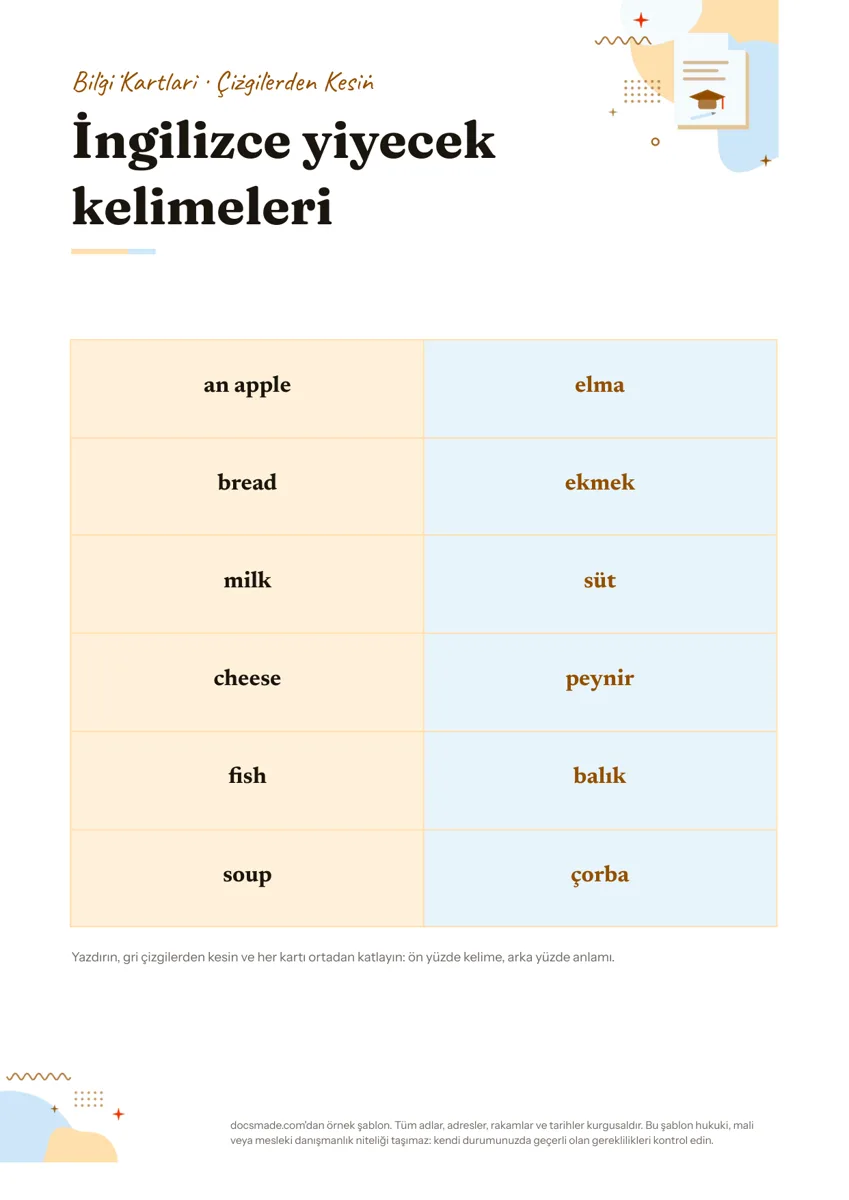 Google Dokümanlar kelime kartları şablonu, ilk sayfa