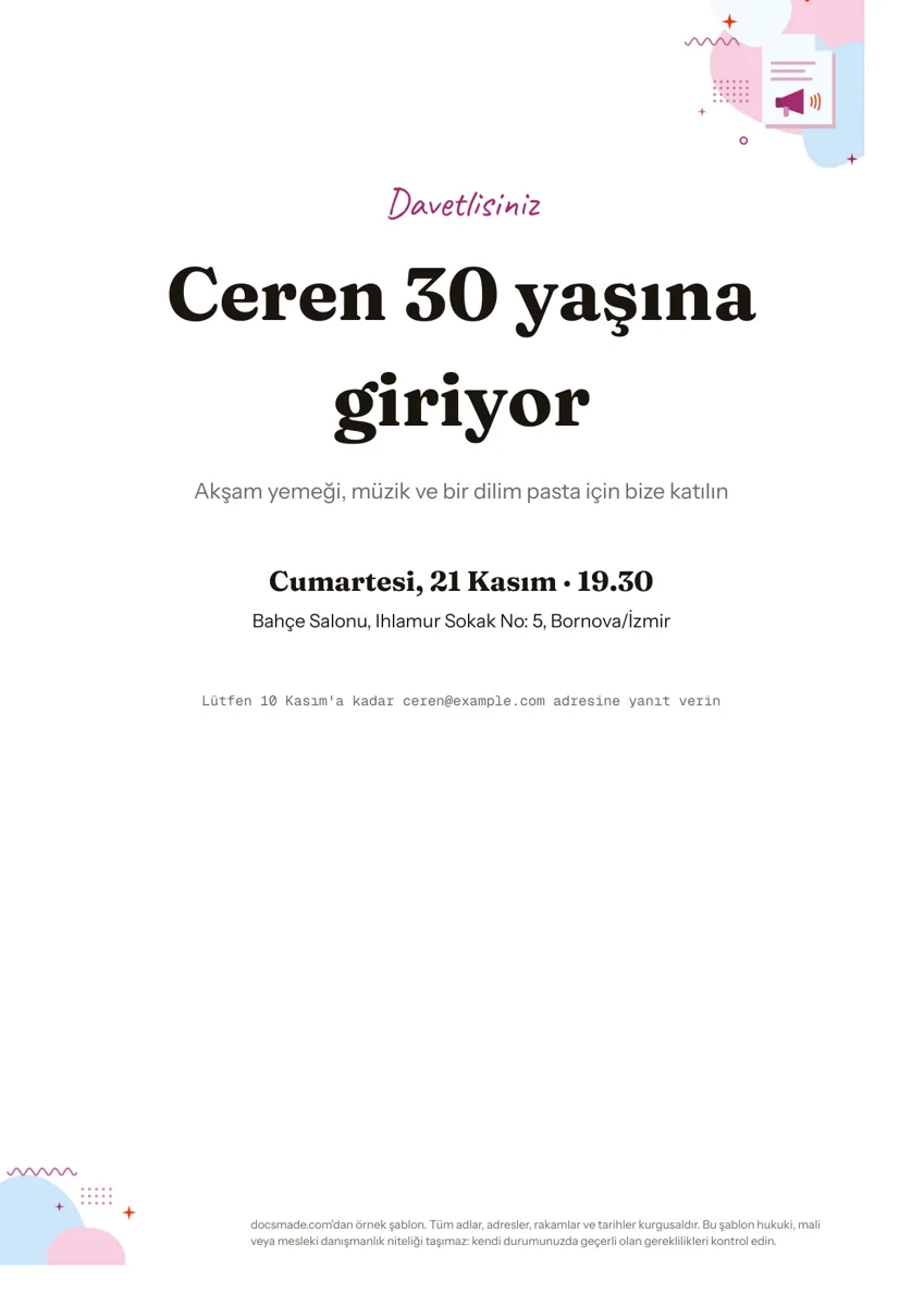 Google Dokümanlar doğum günü davetiyesi örneği, ilk sayfa