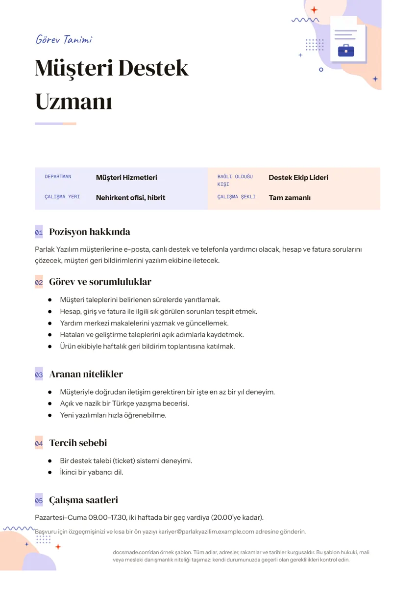Google Dokümanlar'da müşteri destek uzmanı için doldurulmuş görev tanımı