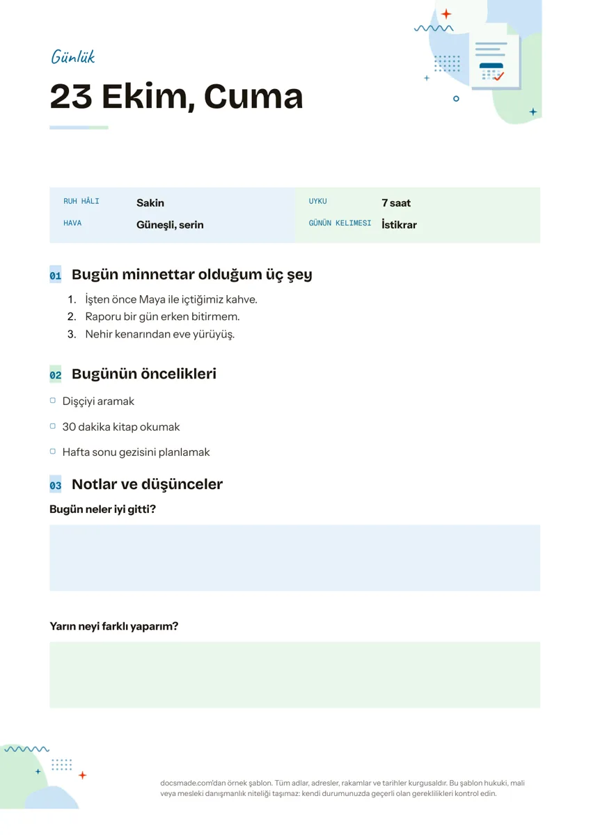 Google Dokümanlar'da 23 Ekim tarihli doldurulmuş günlük sayfası