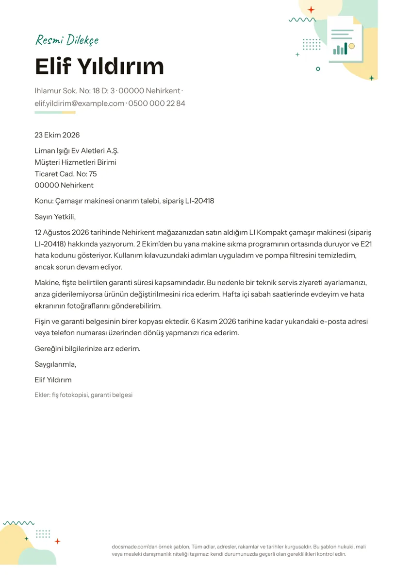 Google Dokümanlar'da bir şirkete yazılmış tek sayfalık resmi dilekçe örneği