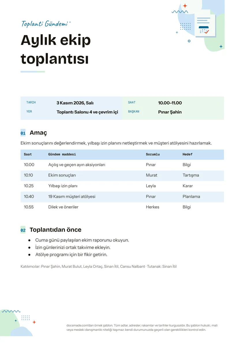 Google Dokümanlar'da aylık ekip toplantısı için saatli toplantı gündemi