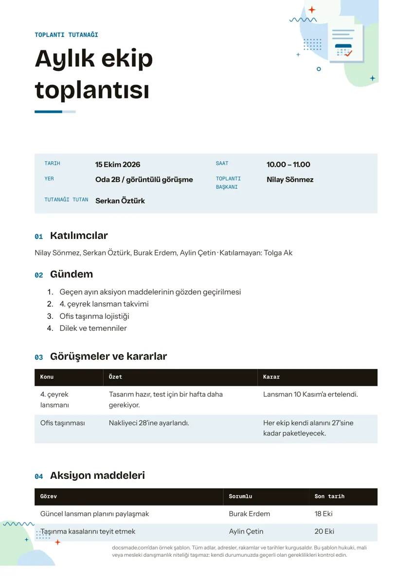 Google Dokümanlar toplantı tutanağı örneği, ilk sayfa