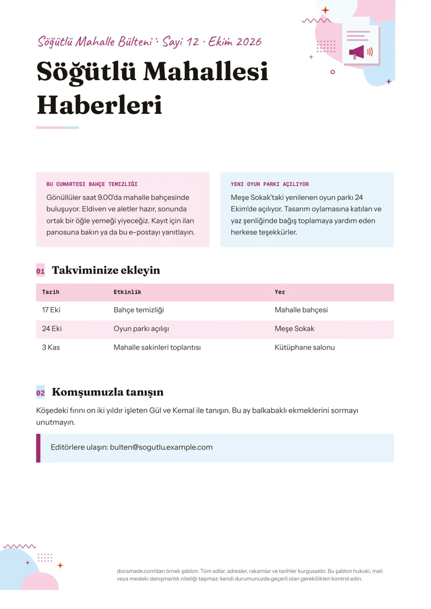 Google Dokümanlar bülten örneği, ilk sayfa