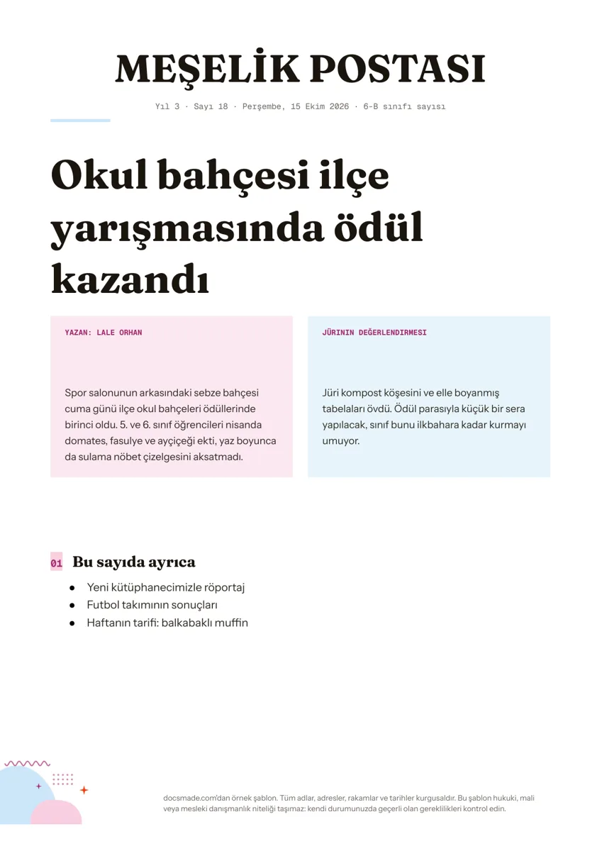 Google Dokümanlar okul gazetesi örneği, ilk sayfa