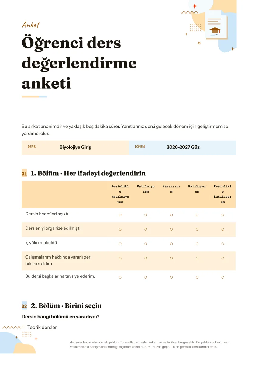 Google Dokümanlar anket örneği, ilk sayfa