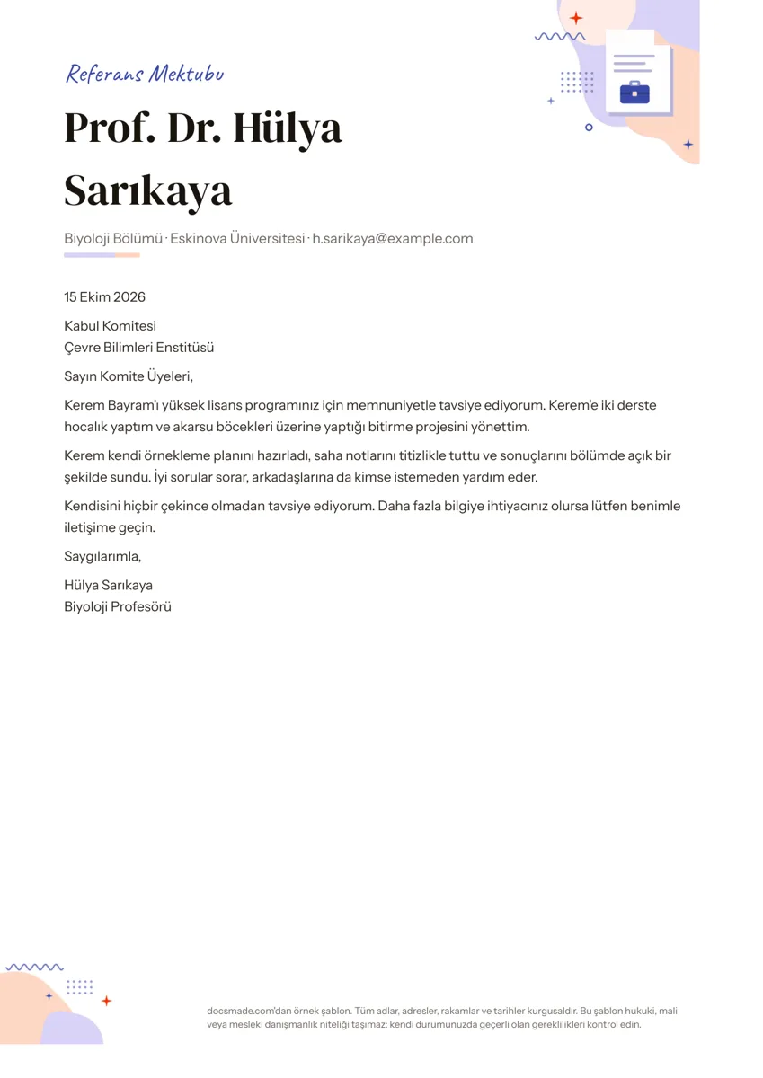 Google Dokümanlar referans mektubu örneği, ilk sayfa