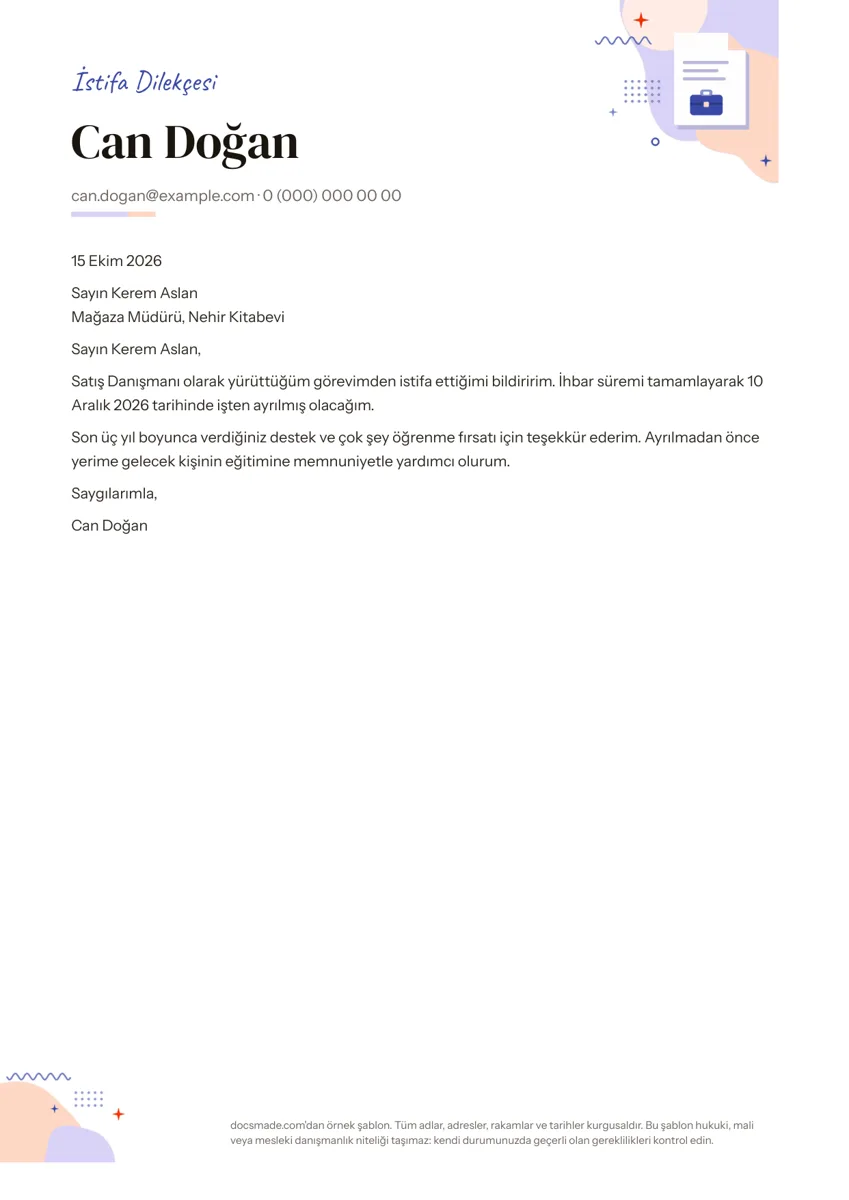 Google Dokümanlar istifa dilekçesi örneği, ilk sayfa