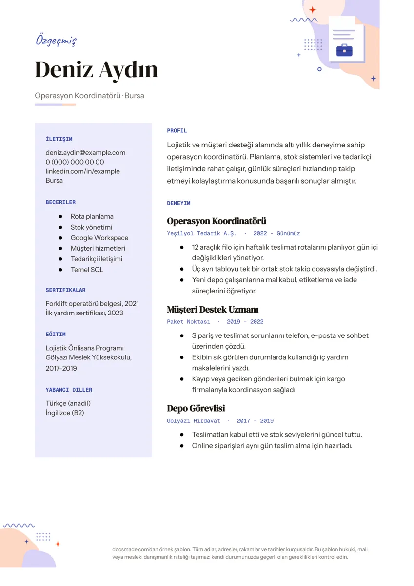Google Dokümanlar CV örneği, ilk sayfa