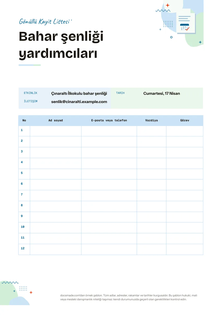 Google Dokümanlar gönüllü kayıt ve katılım listesi örneği, ilk sayfa