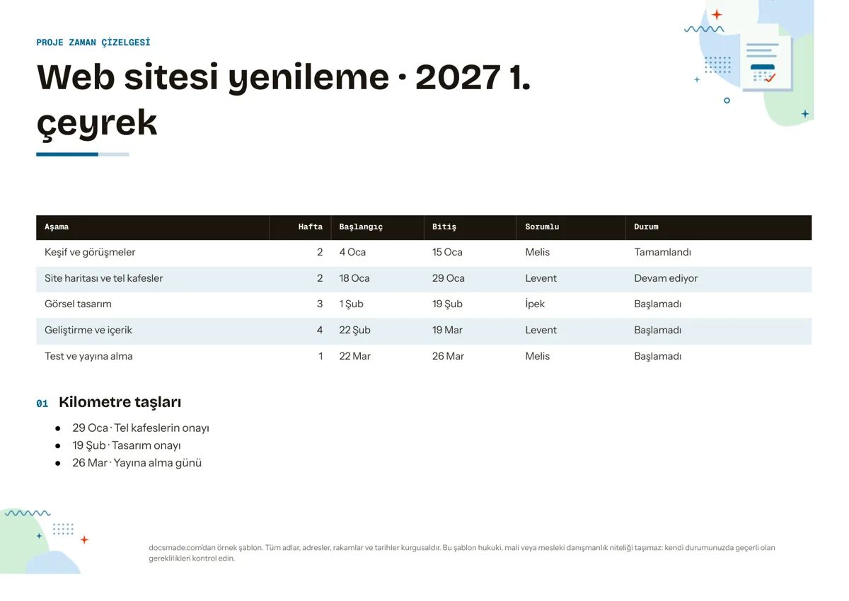 Google Dokümanlar proje zaman çizelgesi örneği, ilk sayfa